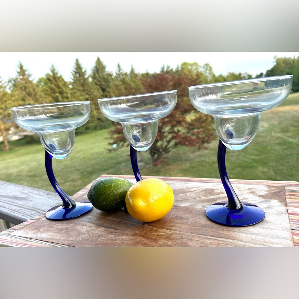 Vintage COBALT BLUE LIBBY BRAVURA MARGARITA GLASSES CURVED STEM set of 3